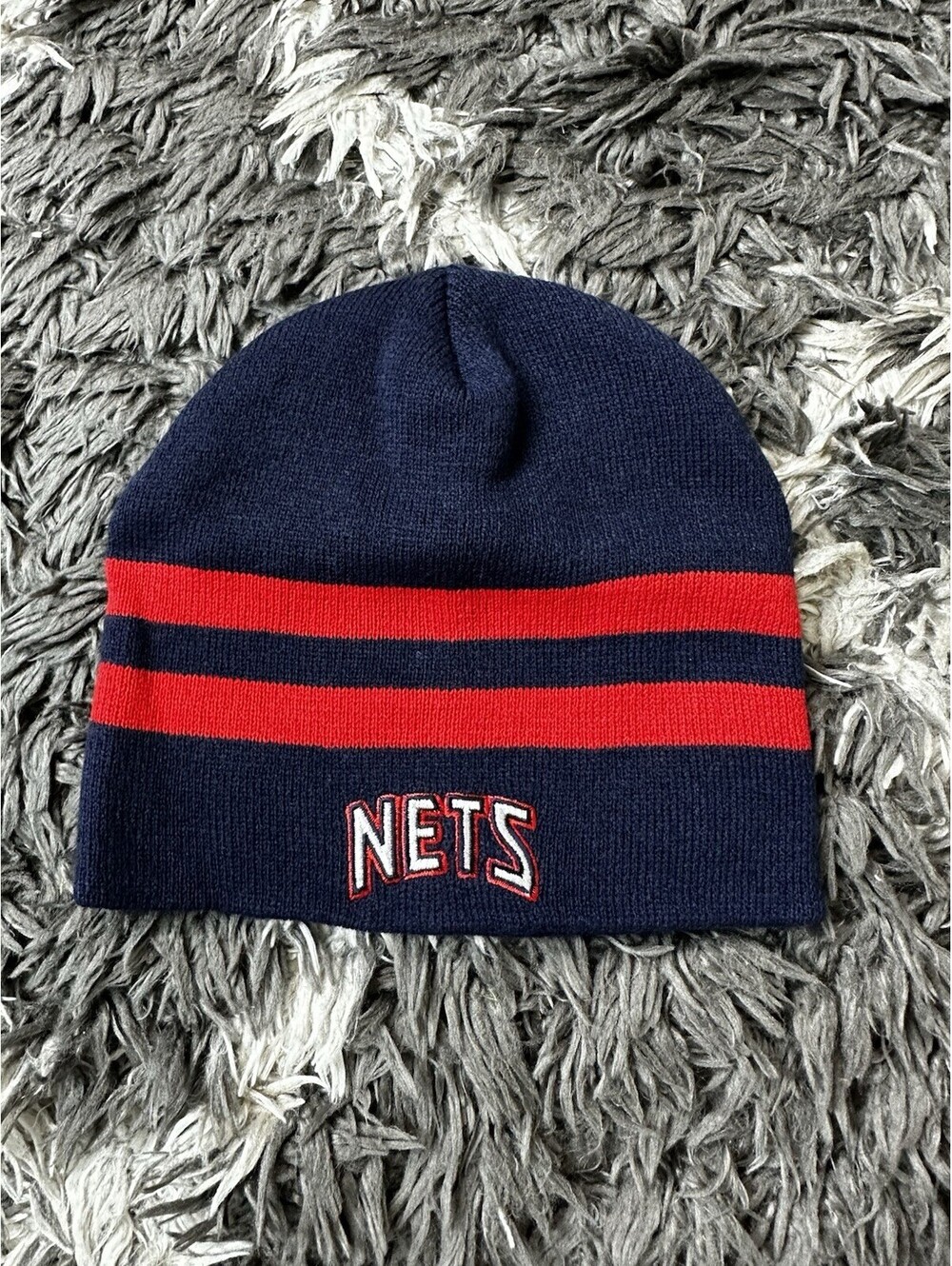 Vintage New Jersey Nets Knit Beanie Hat Navy Red Striped NBA Winter Cap